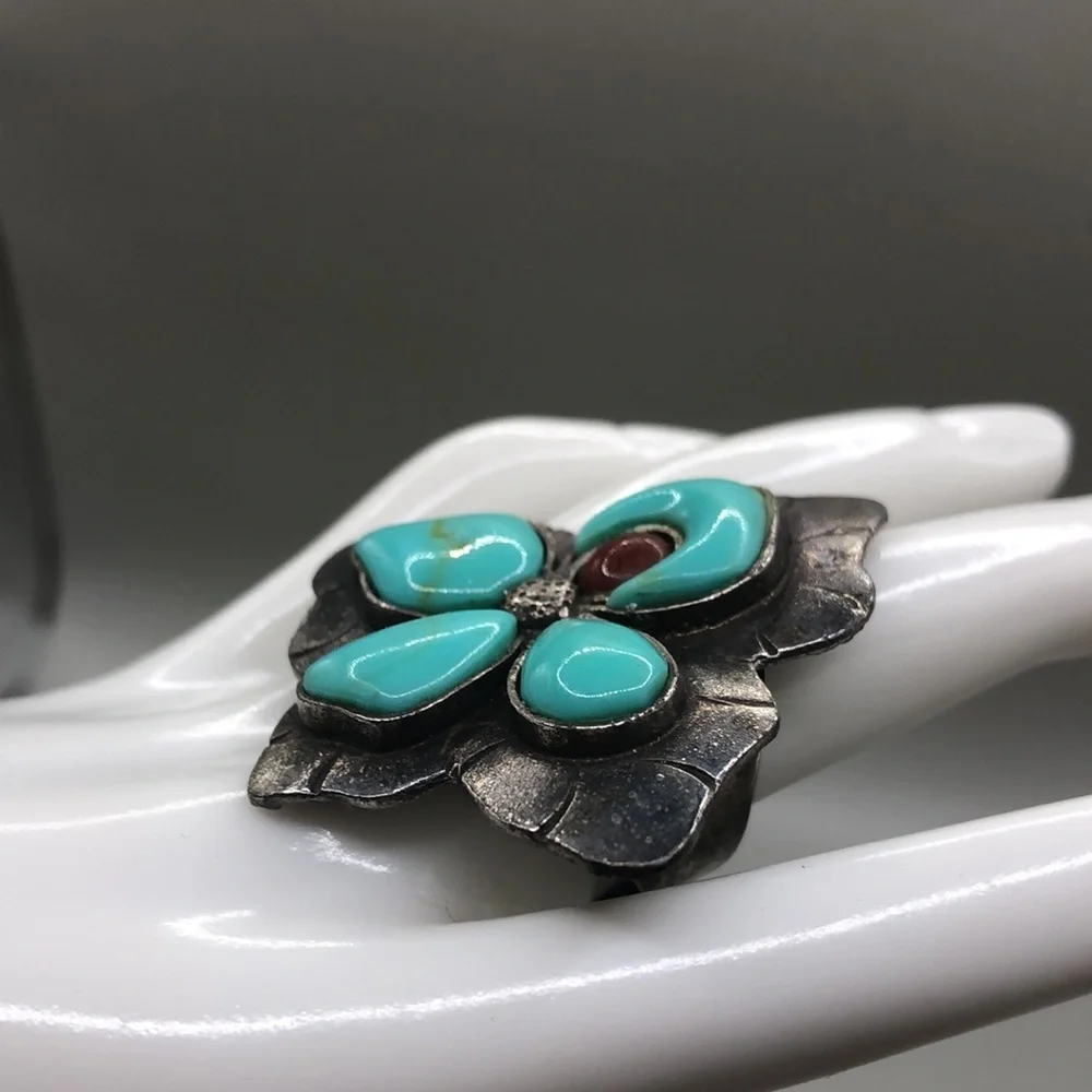 Artisan modernist faux turquoise large statement size ring antiqued silver tone.